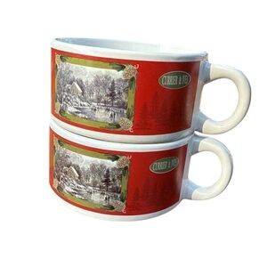 Currier and Ives Stackable‎ Soup Mugs Houston Harvest Set of 2 Red Winter Scene